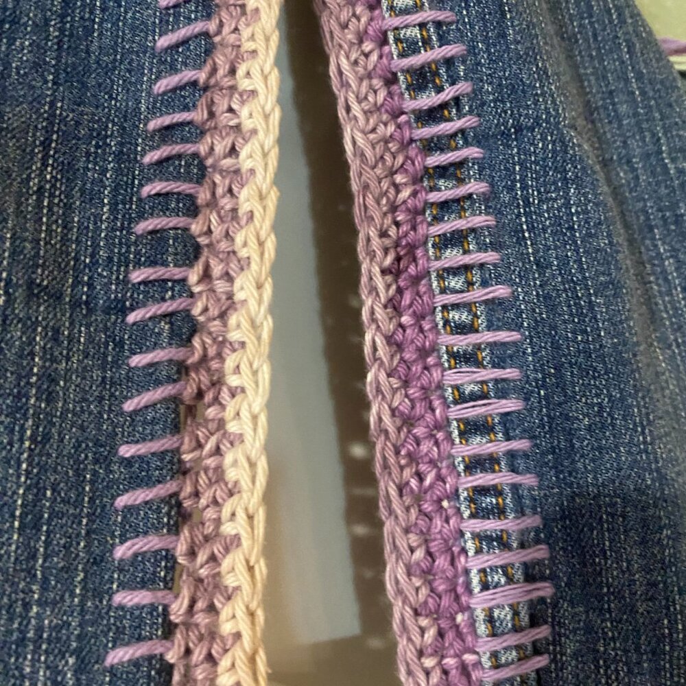 Upcycled Denim and Cotton Yarn Scarf, BOHO, Hippie, One of a Kind Scarf - Picture 3 of 6
